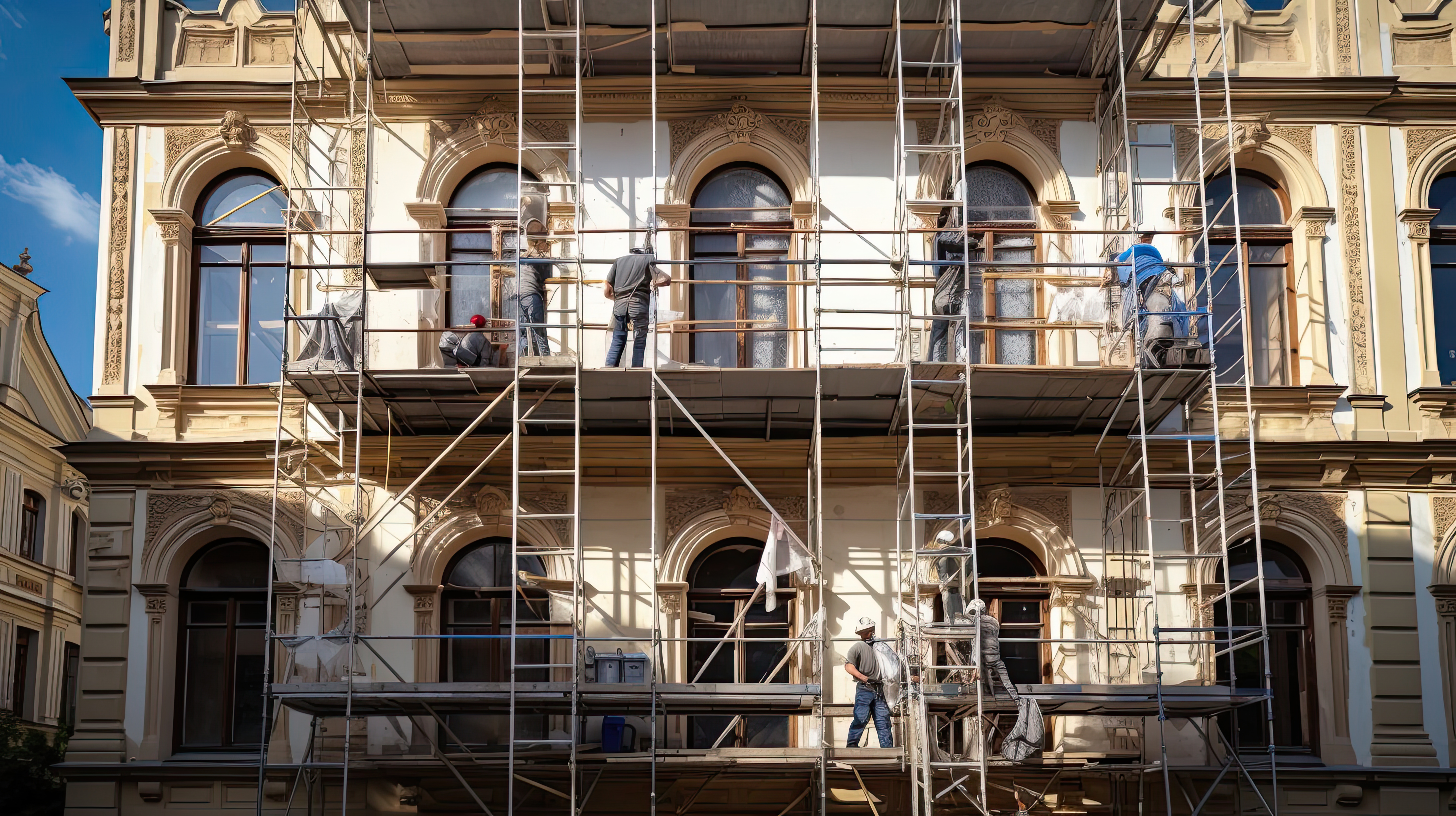 Renovation work breathes new life into an old building, meticulously restoring it to its former glory, preserving its historical charm. Generated by AI.